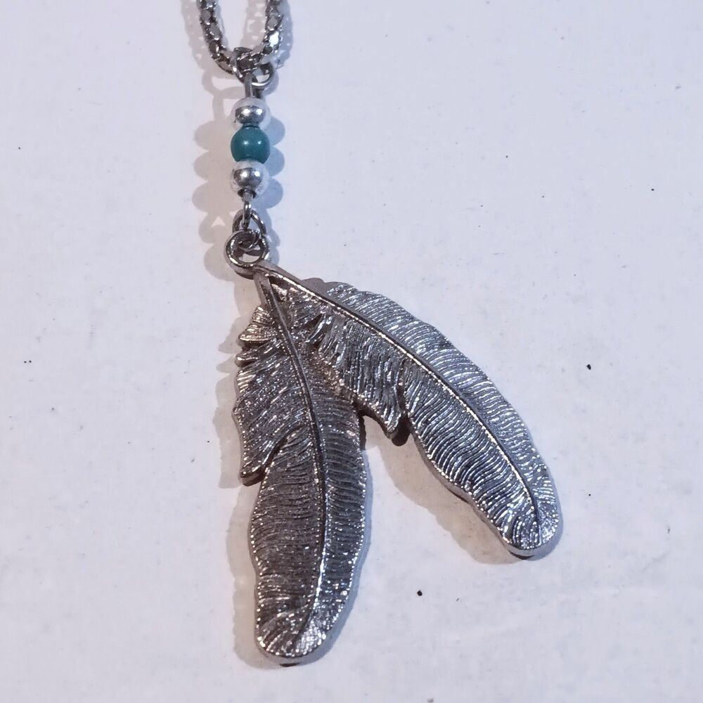 Silver Tone Double Feathers Pendant Necklace-Byzantine Chain-Southwestern-18"